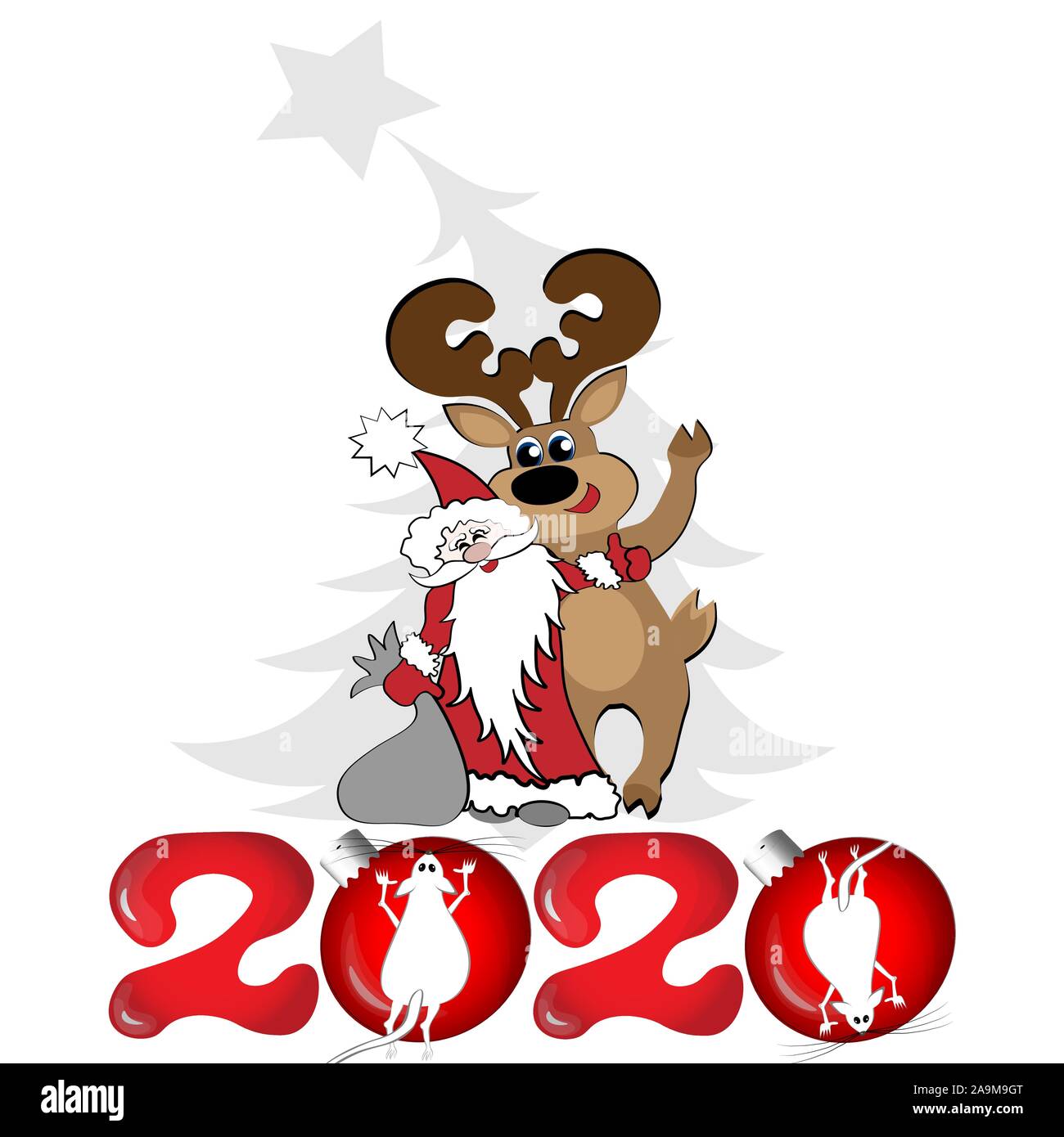 Platz, Fliesen, Postkarte - Santa Claus oder Der Weihnachtsmann Umarmungen ein Reh auf einem grauen Weihnachtsbaum Hintergrund, untere rote Zahlen 2020 mit Weihnachten Kugeln und weiße Mäuse Stock Vektor