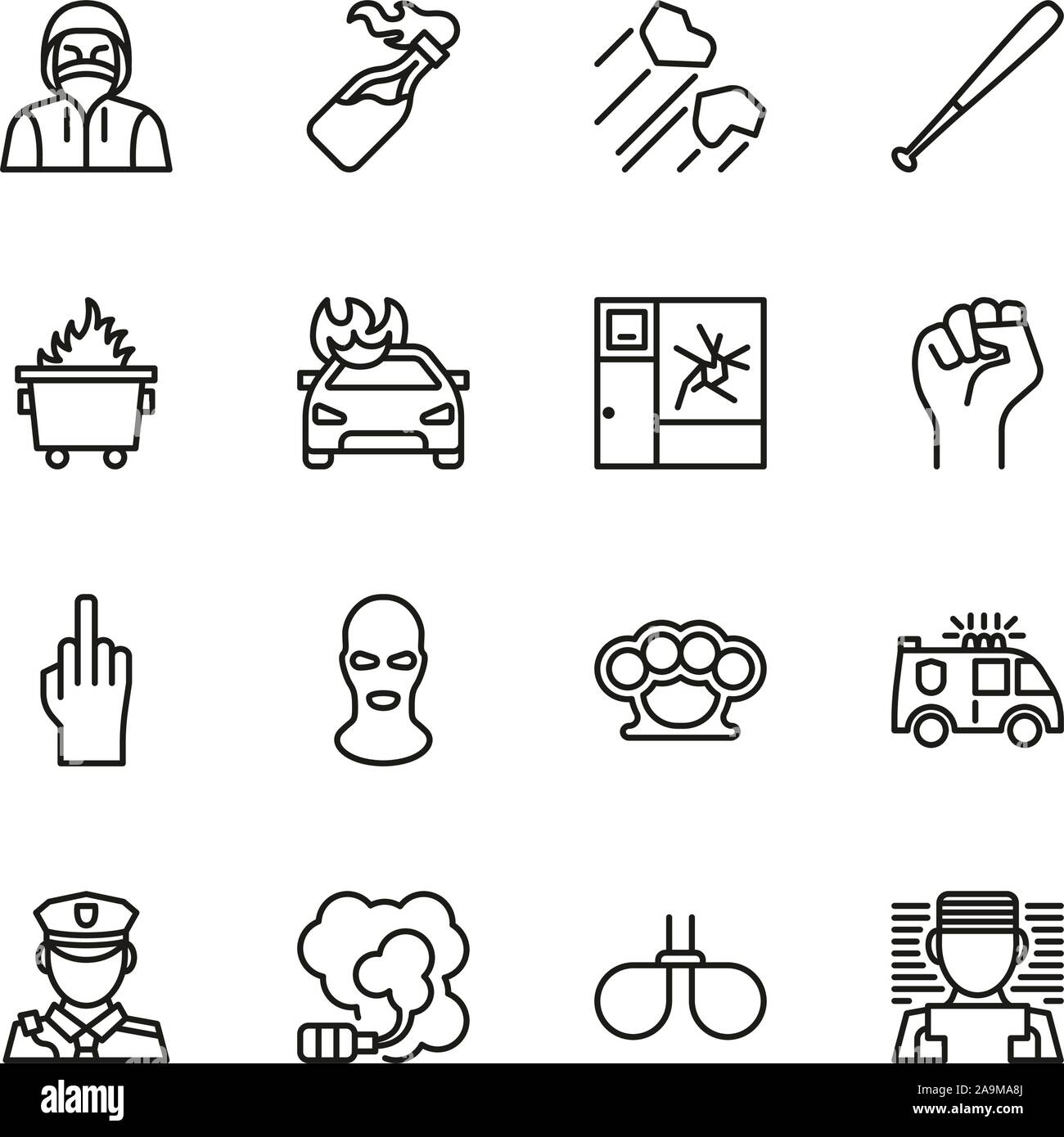 Riot oder öffentliche Störung Symbole dünne Linie einstellen Stock Vektor