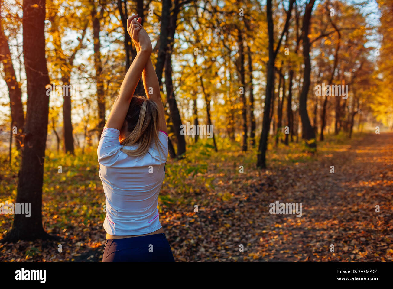 Ausbildung und Training im Herbst Park. Frau stretching Arms im Freien. Aktiv gesund Lifestyle Stockfoto