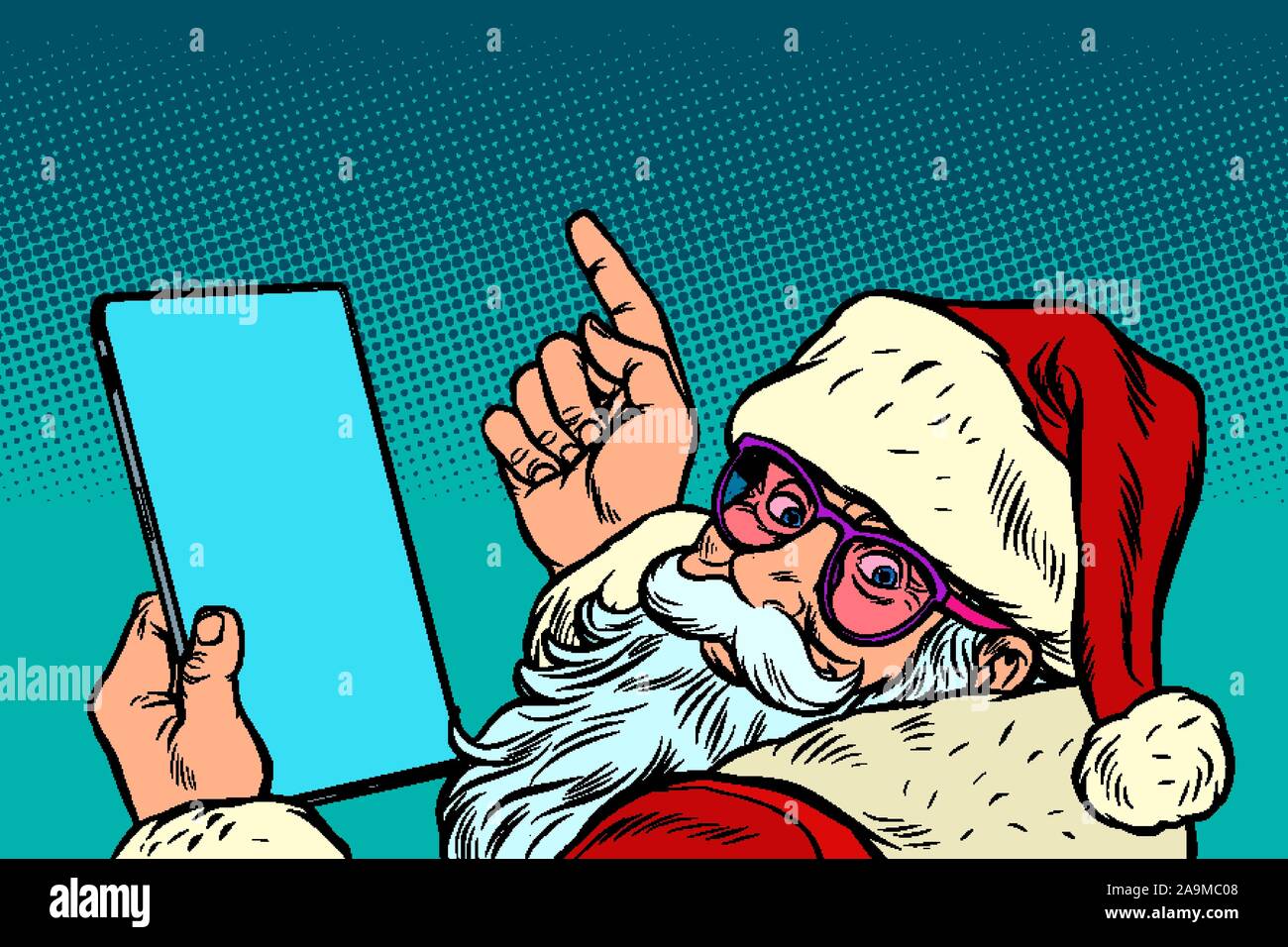 Santa Claus mit einem Tablet-PC. Neues Jahr und Weihnachten online Vertriebskonzept Stock Vektor
