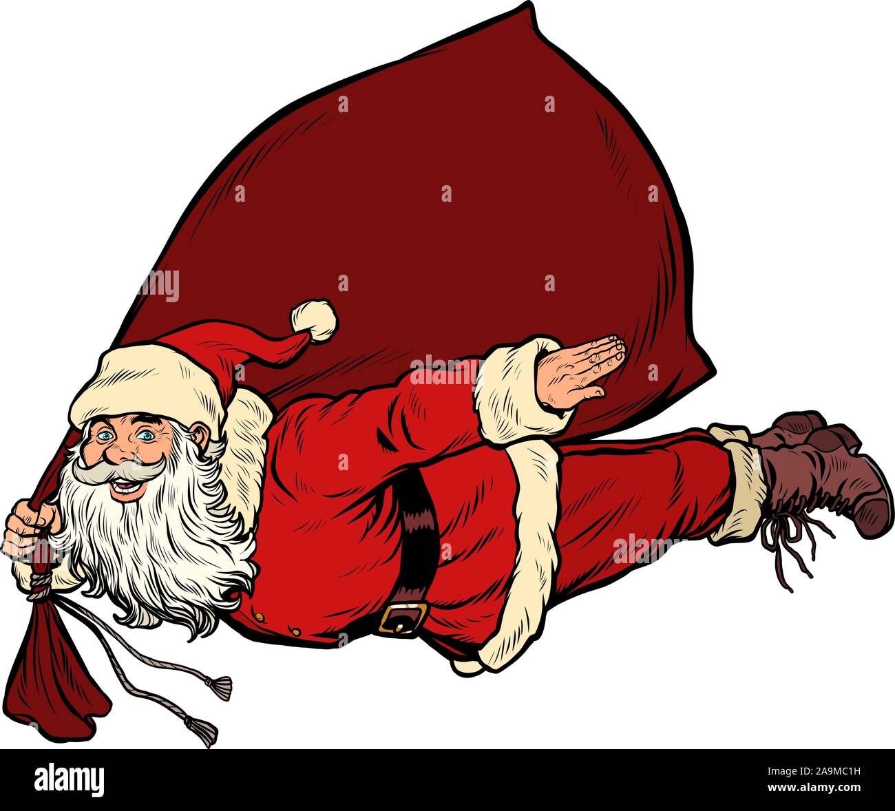 Santa Claus Superheld fliegt mit einer Tüte von Geschenken Stock Vektor