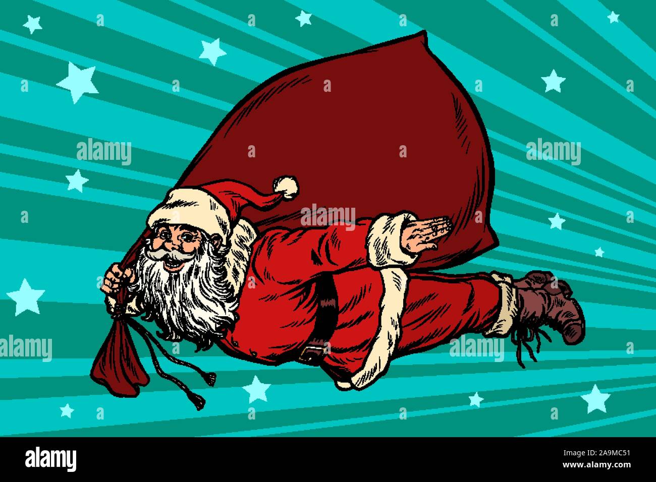 Santa Claus Superheld fliegt mit einer Tüte von Geschenken Stock Vektor