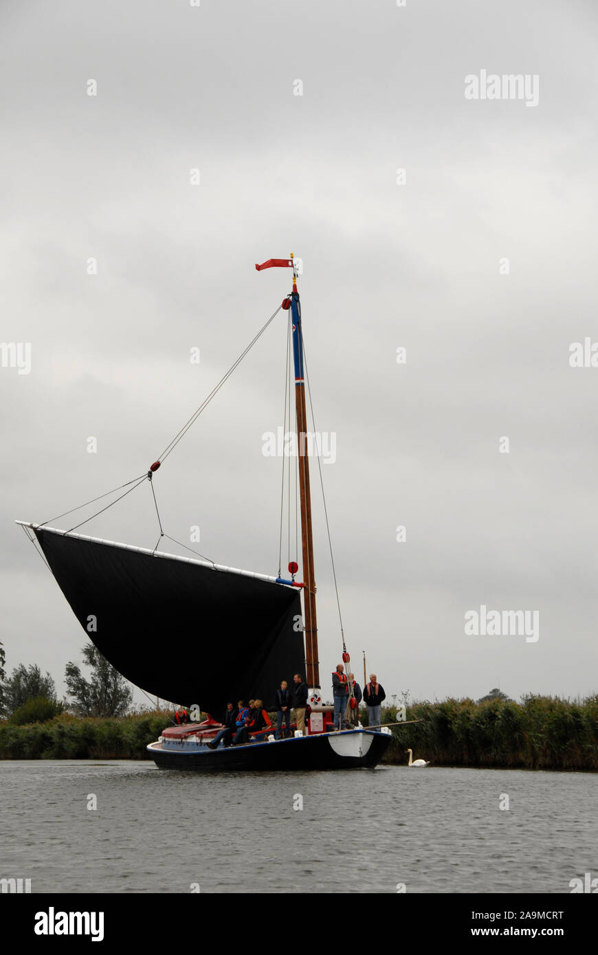 Die wherry'Albion' Segeln auf einem Fluss, Norfolk, England, bei schlechtem Wetter Stockfoto
