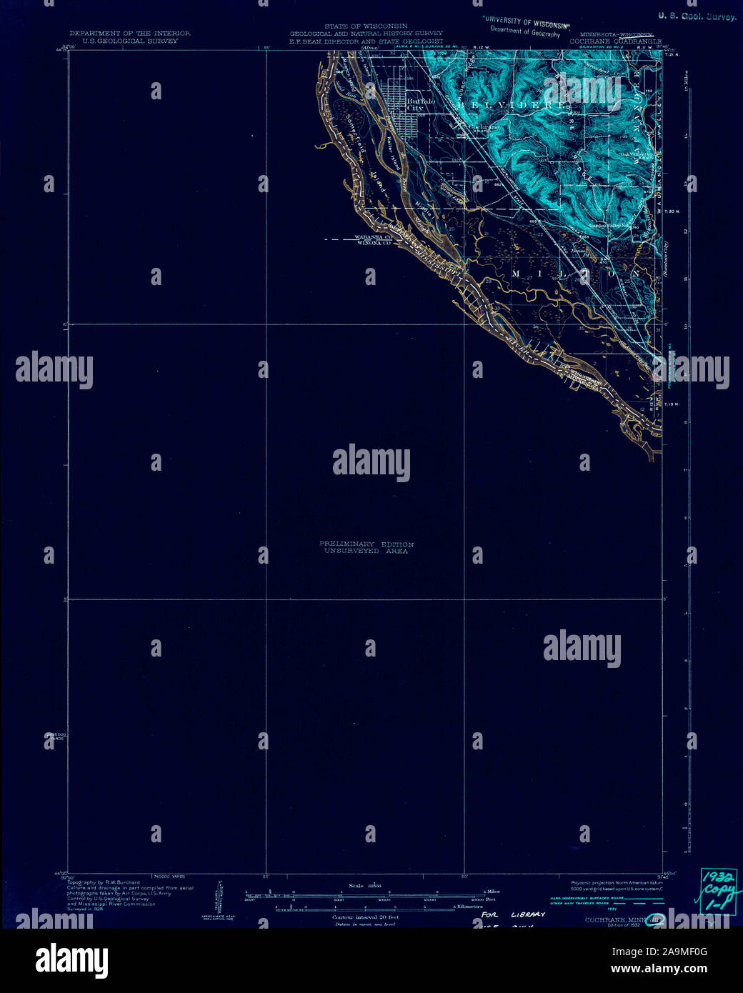 USGS TOPO Karte MInnesota MN Cochrane502317 1932 62.500 invertiert Wiederherstellung Stockfoto