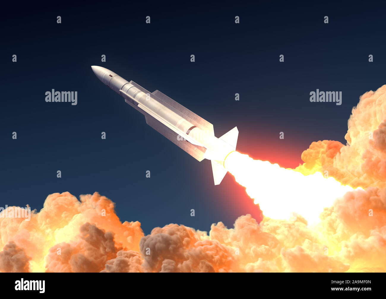 Militärische Rocket Launch in den Wolken. 3D-Darstellung. Stockfoto