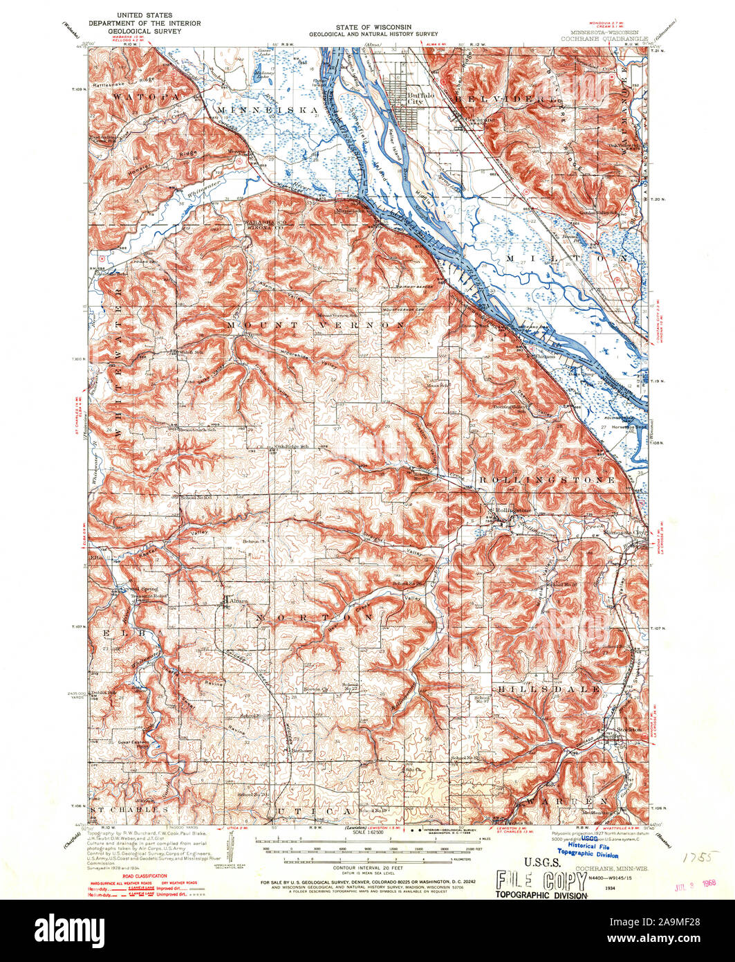 USGS TOPO Karte MInnesota MN Cochrane 804552 1934 62.500 Wiederherstellung Stockfoto