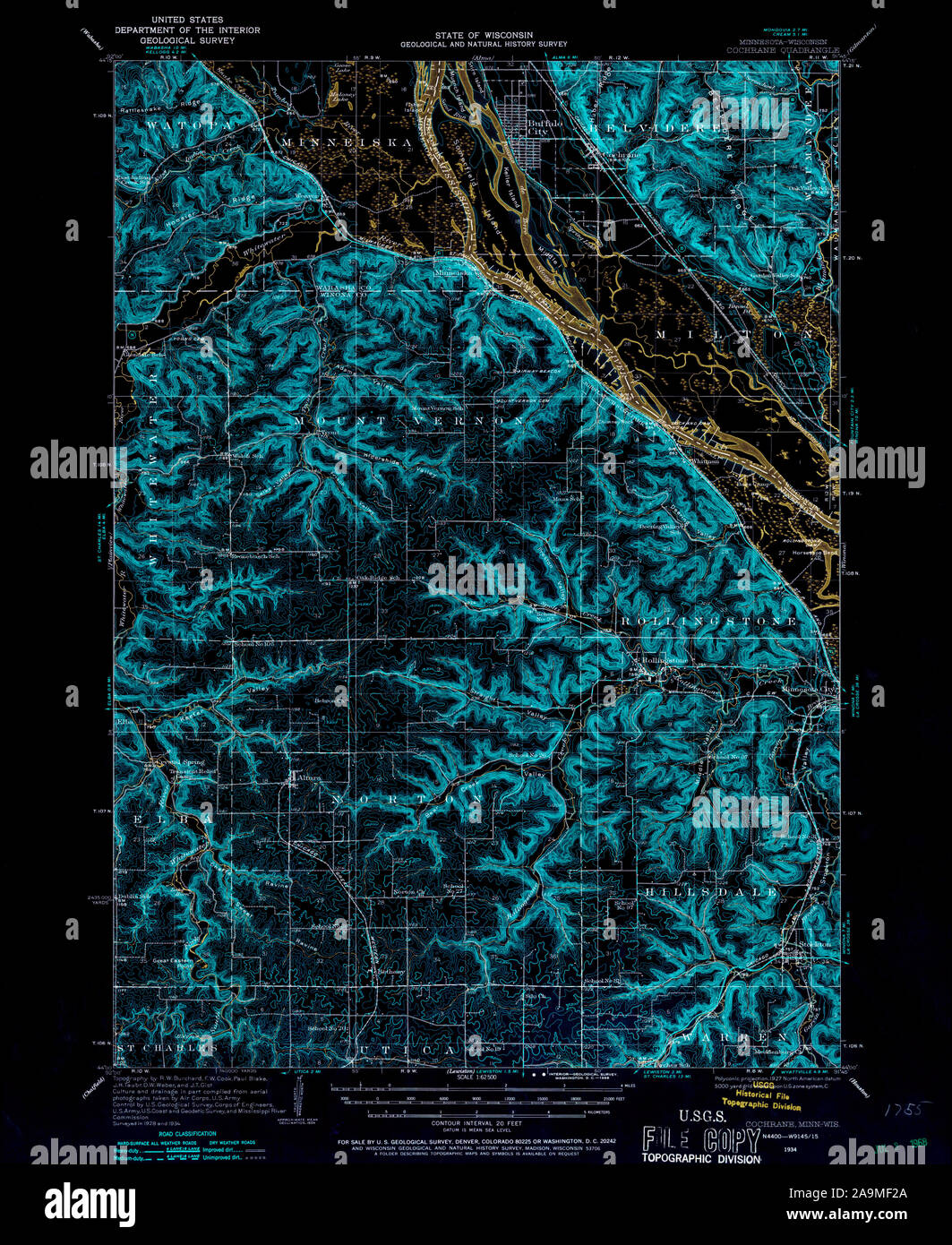 USGS TOPO Karte MInnesota MN Cochrane 804552 1934 62.500 invertiert Wiederherstellung Stockfoto