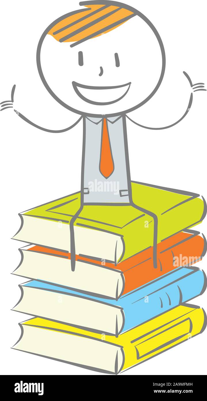 Doodle Strichmännchen: Sitzen auf Stapel Buch mit Daumen hoch Stock Vektor