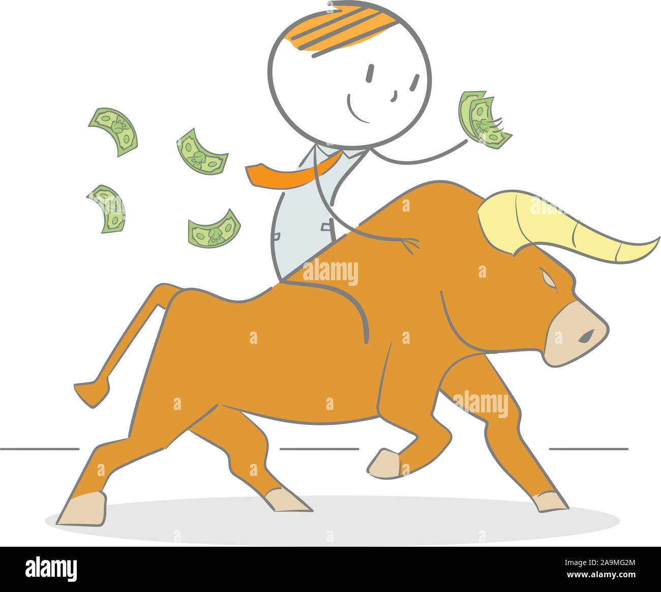 Doodle Abbildung: Ein Geschäftsmann Geldhaltung reiten ein Stier Stock Vektor