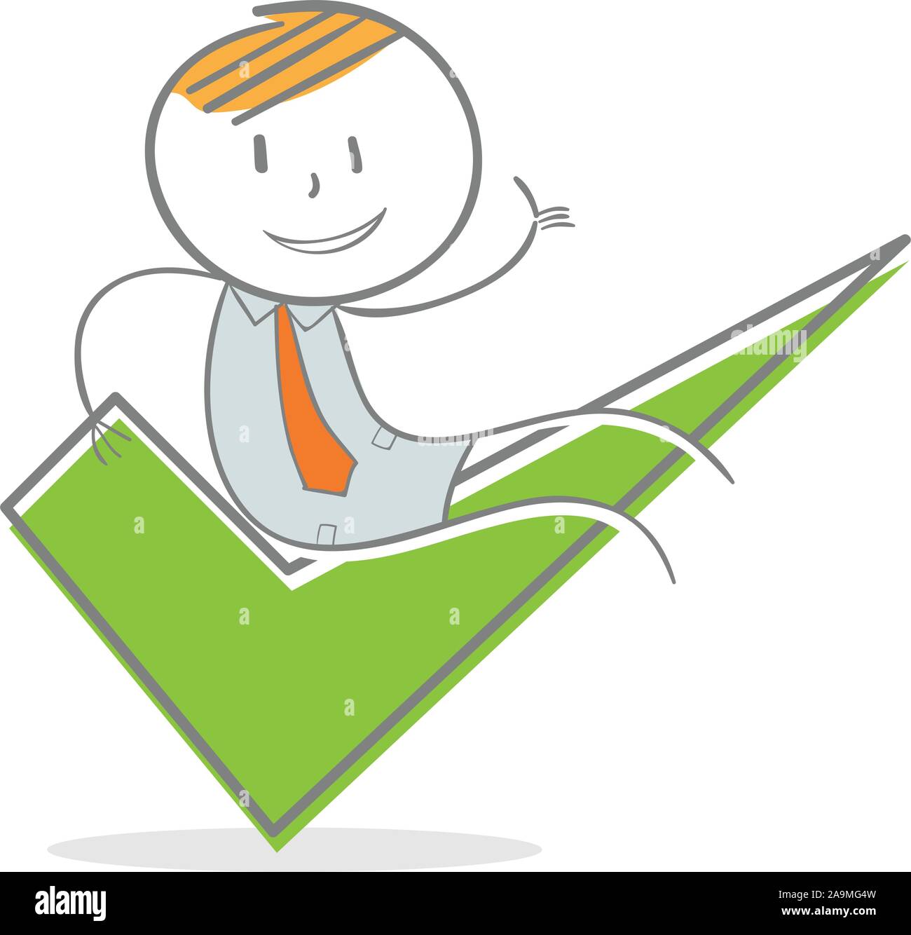 Doodle Strichmännchen: Geschäftsmann sitzen auf Häkchen Symbol Stock Vektor