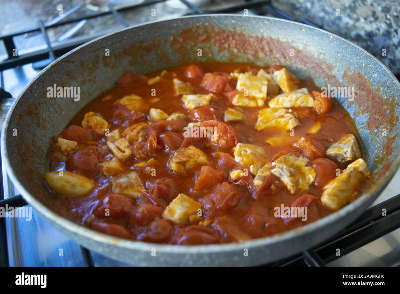 Schritt der Vorbereitung von Meeresfrüchten ragout Stockfoto