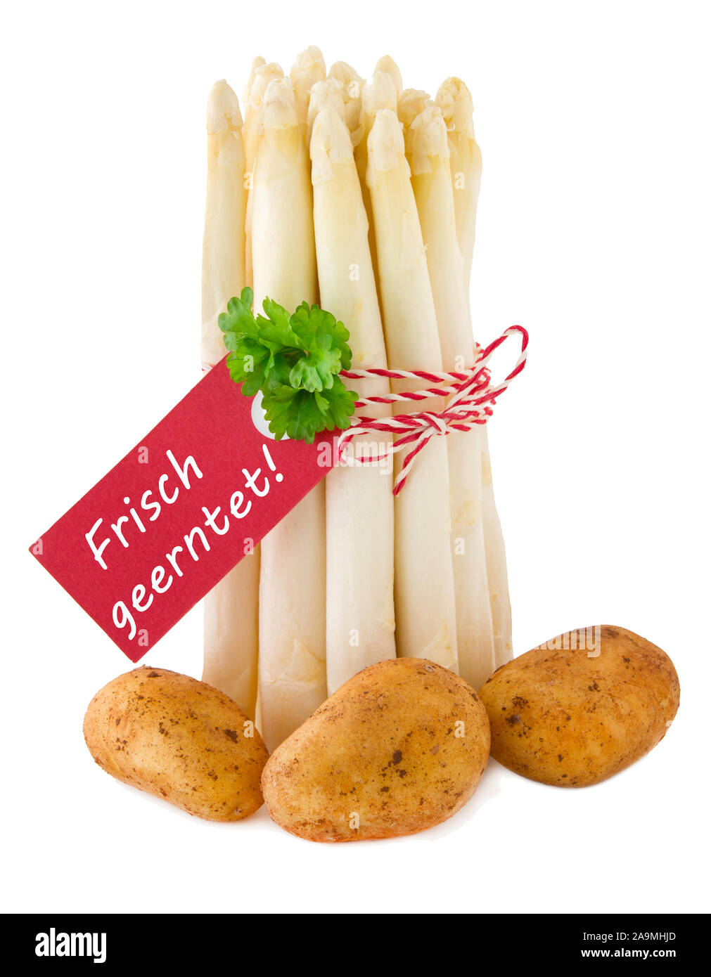 Deutsche frisch geernteten weißen Spargel mit Red Label Stockfoto