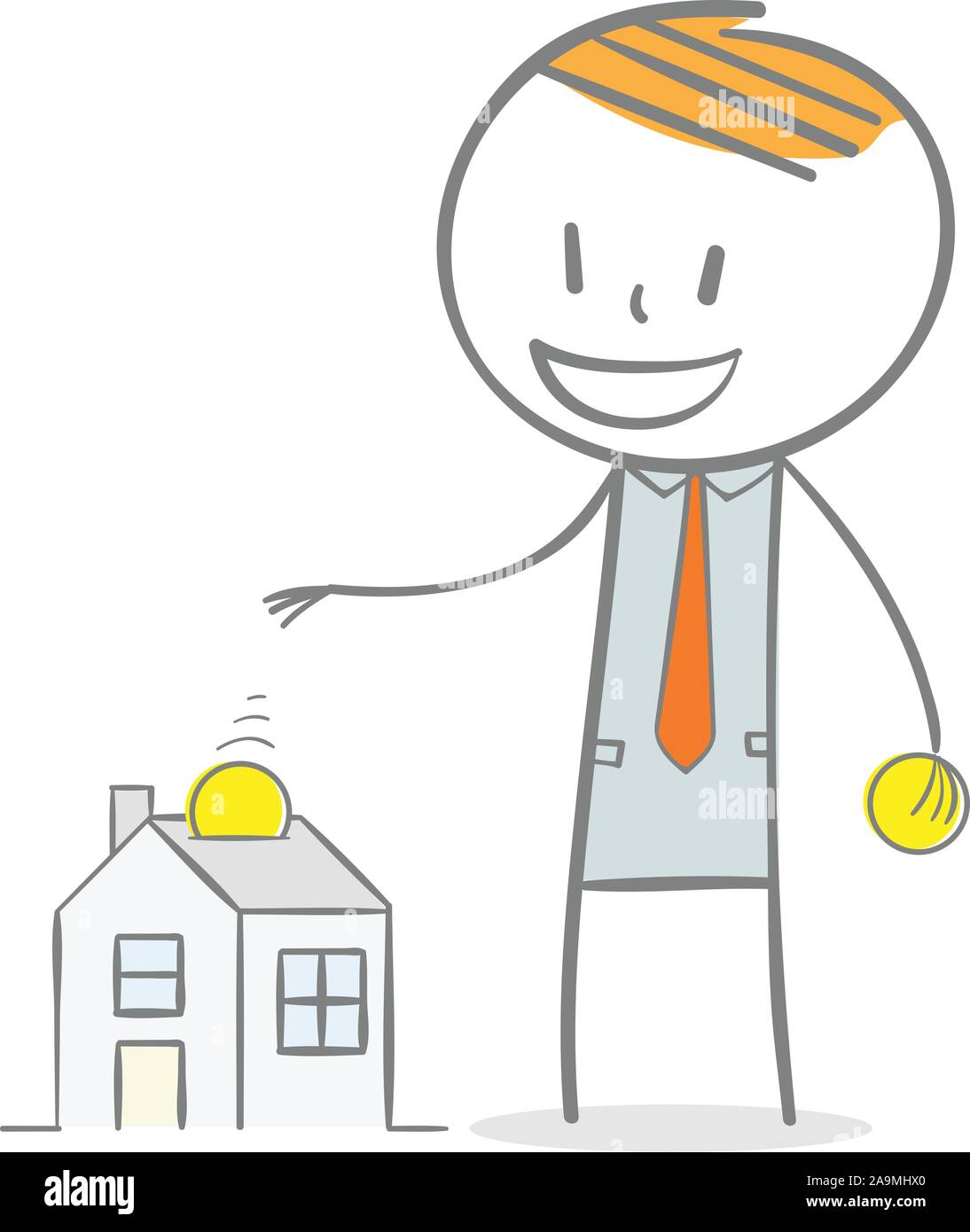 Doodle Strichmännchen: Home Anlage Konzept. Geld sammeln zu einem Haus. Stock Vektor