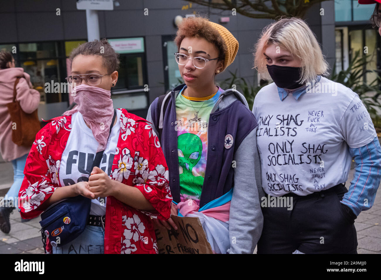 London, Großbritannien. 16. November 2019. Demonstranten aus FCKBoris an der Brunel University in Uxbridge drängen alle zu registrieren und gegen Boris Johnson abstimmen und ihn rauswerfen für seine rassistische, elitäre Politik. Johnson hatte eine Mehrheit von knapp über 5 000 im Jahr 2017 und der Kandidat Ali Milani hat starke Hoffnungen der schlug ihn und die anderen 10 Kandidaten. Peter Marshall / alamy Leben Nachrichten Stockfoto