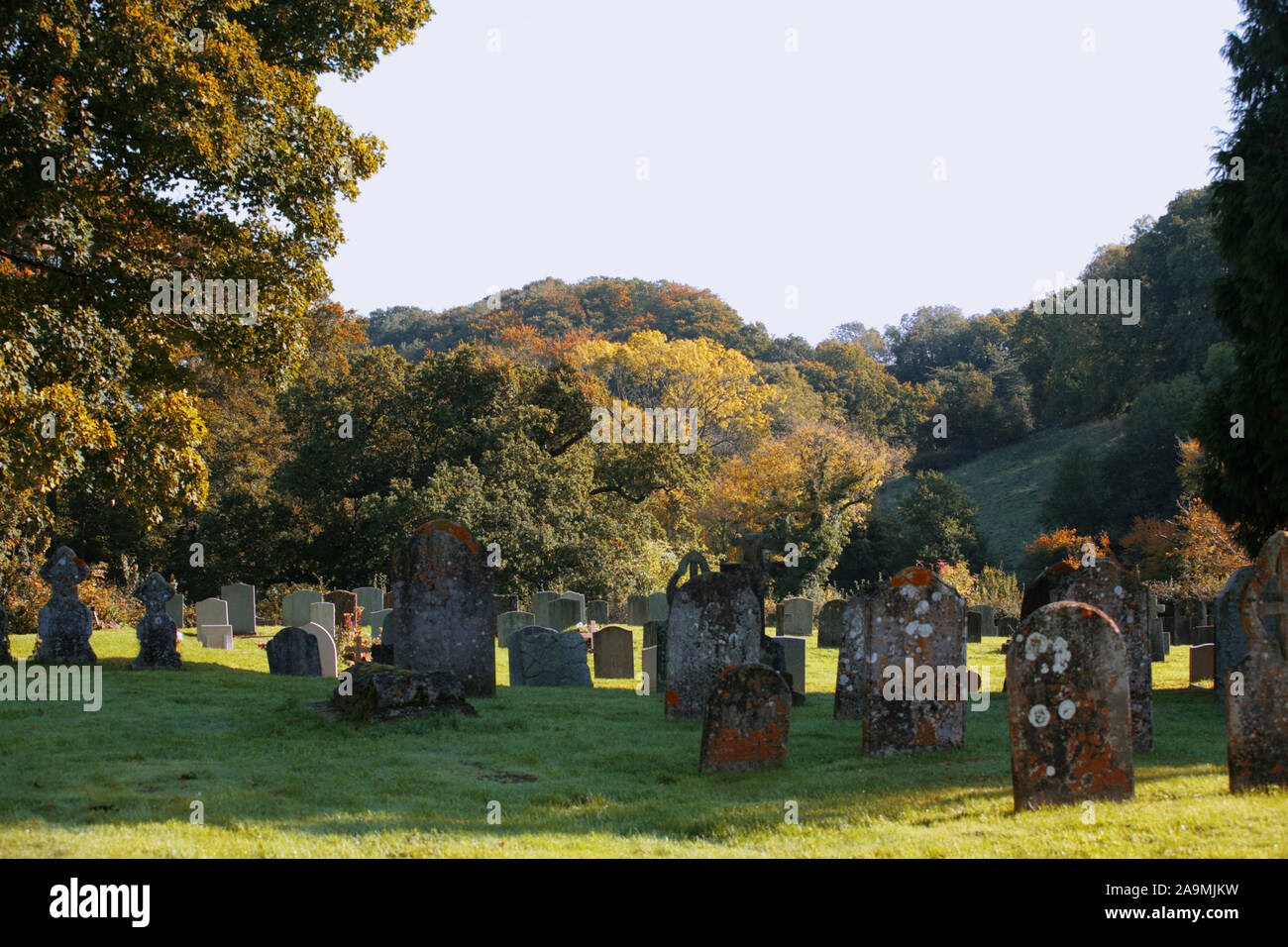 Eine ruhige Szene auf dem Friedhof der St. Mary's Kirche, Selborne, Hampshire, UK, mit einem Blick hinunter vom Oakhanger Tal Stockfoto