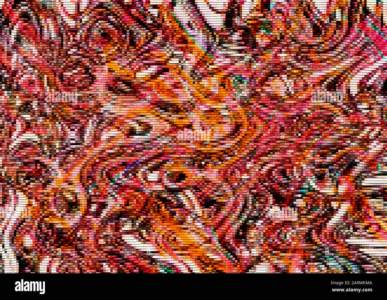 Abstrakte helle chaotische Mosaik Hintergrund mit Verflechtung Wellen und ovale von konvexen Rot, Rosa, Weiß, Orange, Braun Bausteine Stockfoto
