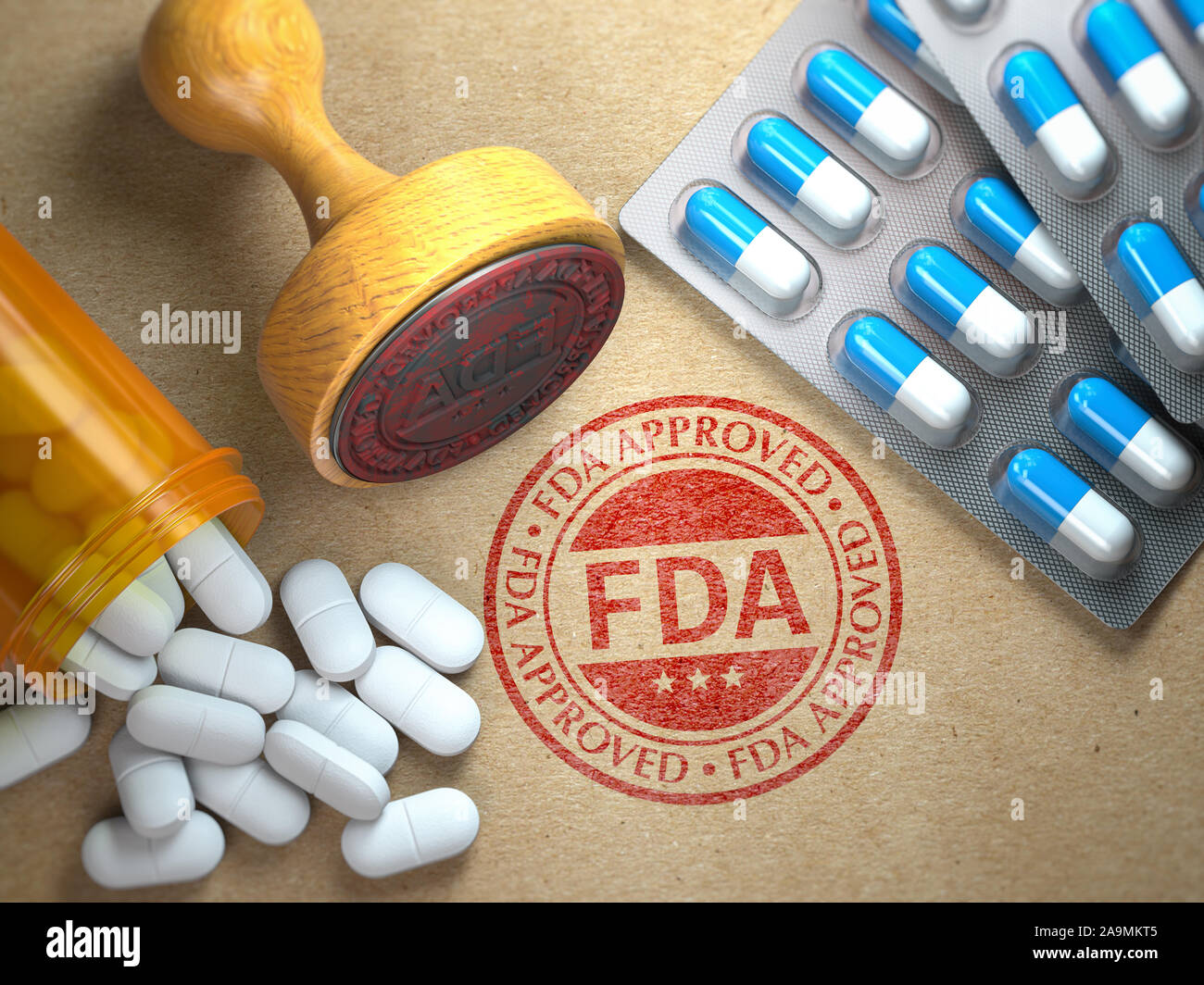 FDA genehmigt Konzept. Gummistempel mit FDA und Pillen auf Handwerk Papier. 3D-Darstellung Stockfoto