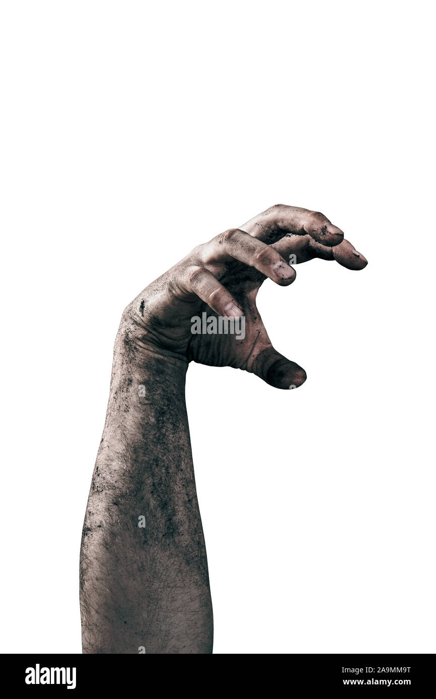 Zombie Hand schmutzig mit Boden isoliert auf weißem Hintergrund Stockfoto
