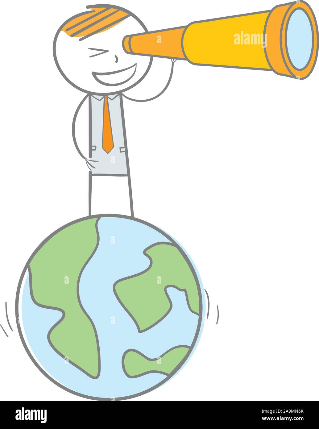 Doodle Strichmännchen stehen auf einer Weltkugel durch Fernglas Stock Vektor