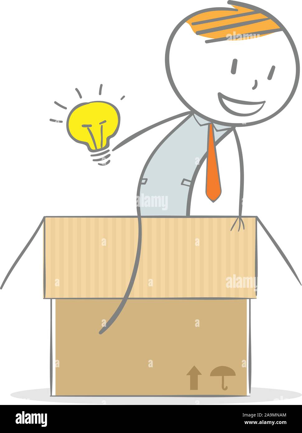 Doodle Strichmännchen: Geschäftsmann Holding eine Glühbirne Idee Symbol aus der Box. Stock Vektor