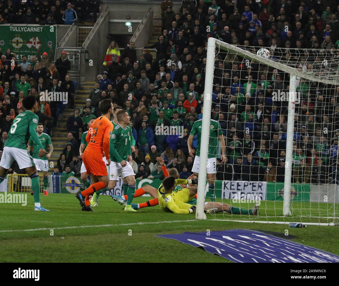 Nationale Fußball-Stadion im Windsor Park, Belfast, Nordirland. 16. Nov 2019. UEFA EURO 2020 Qualifikation - Gruppe C, Nordirland gegen die Niederlande (orange). Aktion von heute abend Qualifier in Belfast. Die Niederlande schlugen die cross-Bar in der ersten Hälfte. Quelle: David Hunter/Alamy Leben Nachrichten. Stockfoto