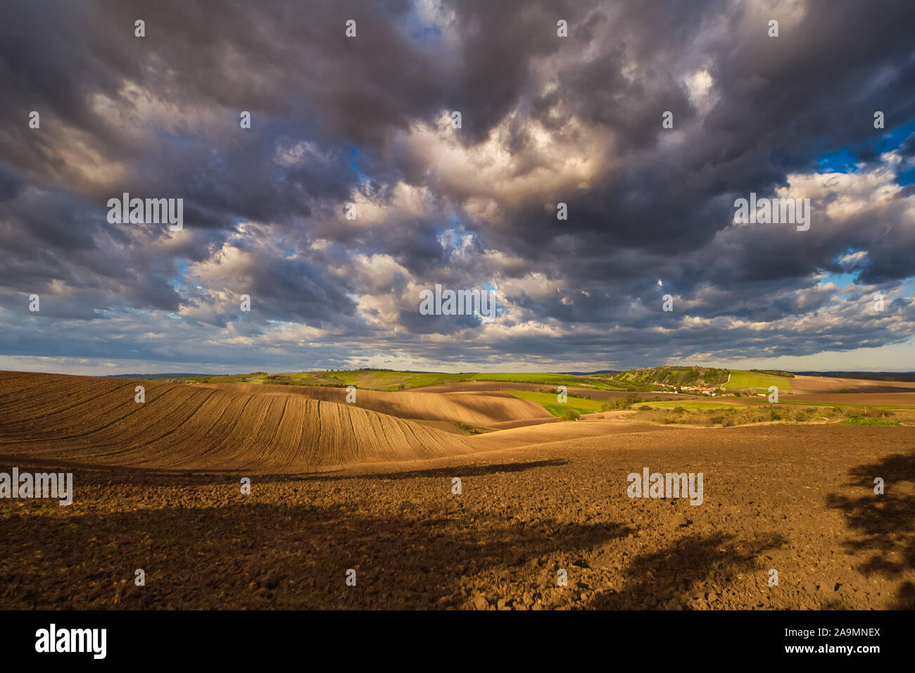 Felder, Südmähren im Herbst morgen mit einem Himmel voller schnell bewegten Wolken nach einem Sturm, Mährische Toskana, Tschechien Stockfoto