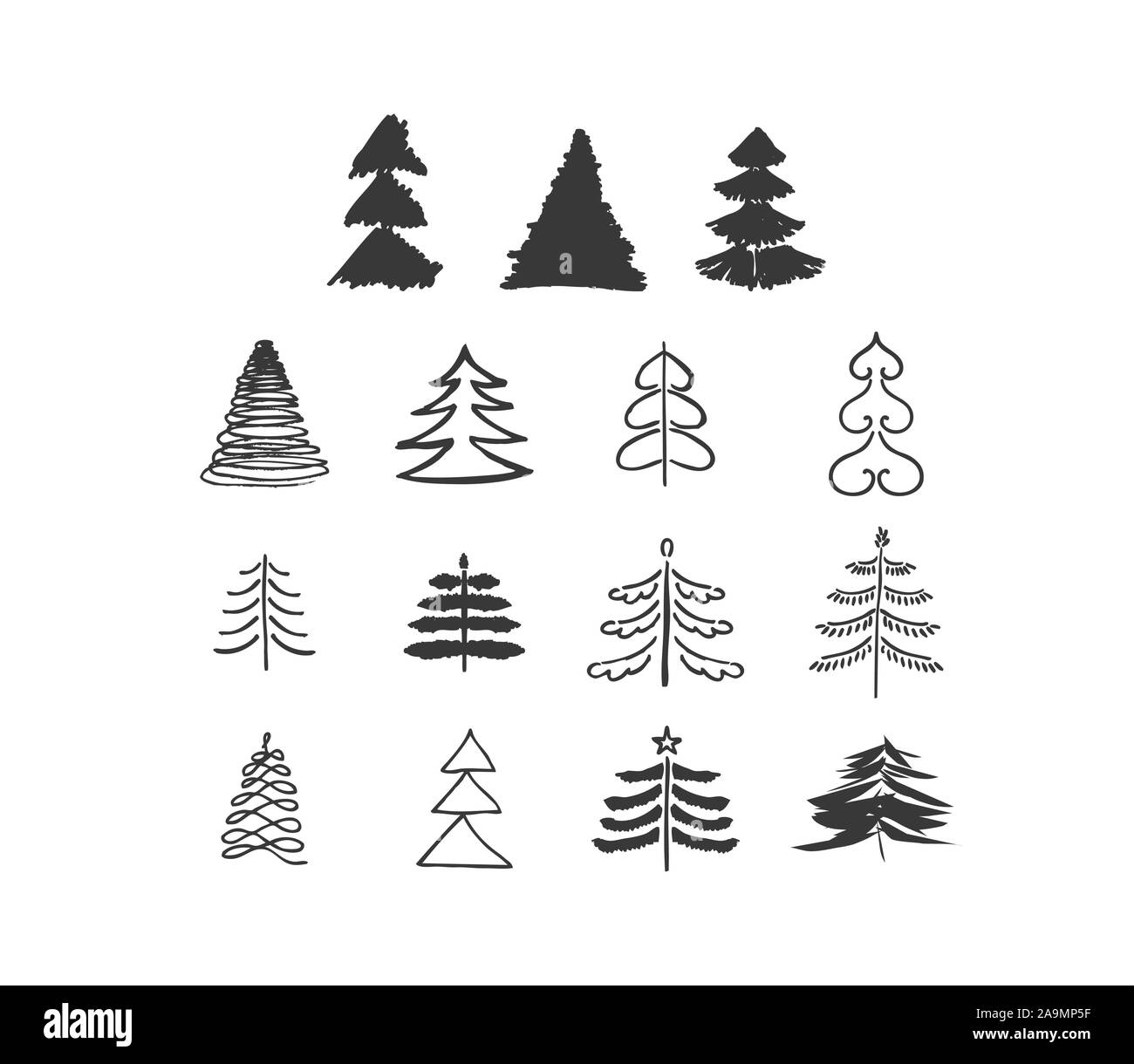 Satz von Hand gezeichnete Skizze doodle Vektor Weihnachtsbaum. Verschiedene  Formen von Weihnachtsbäumen. Kunst Bürste Stock-Vektorgrafik - Alamy