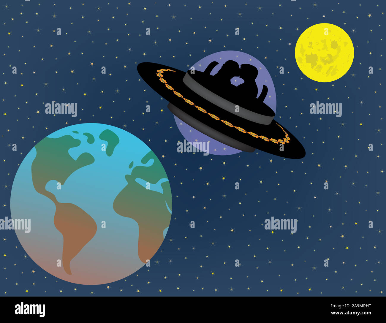 Liebe Paar fliegen in UFO Alien Raumschiff über und zwischen Erde und Mond in der Zukunft. Science Fiction, Leben in der Zukunft, futuristische Vorhersage. Stockfoto