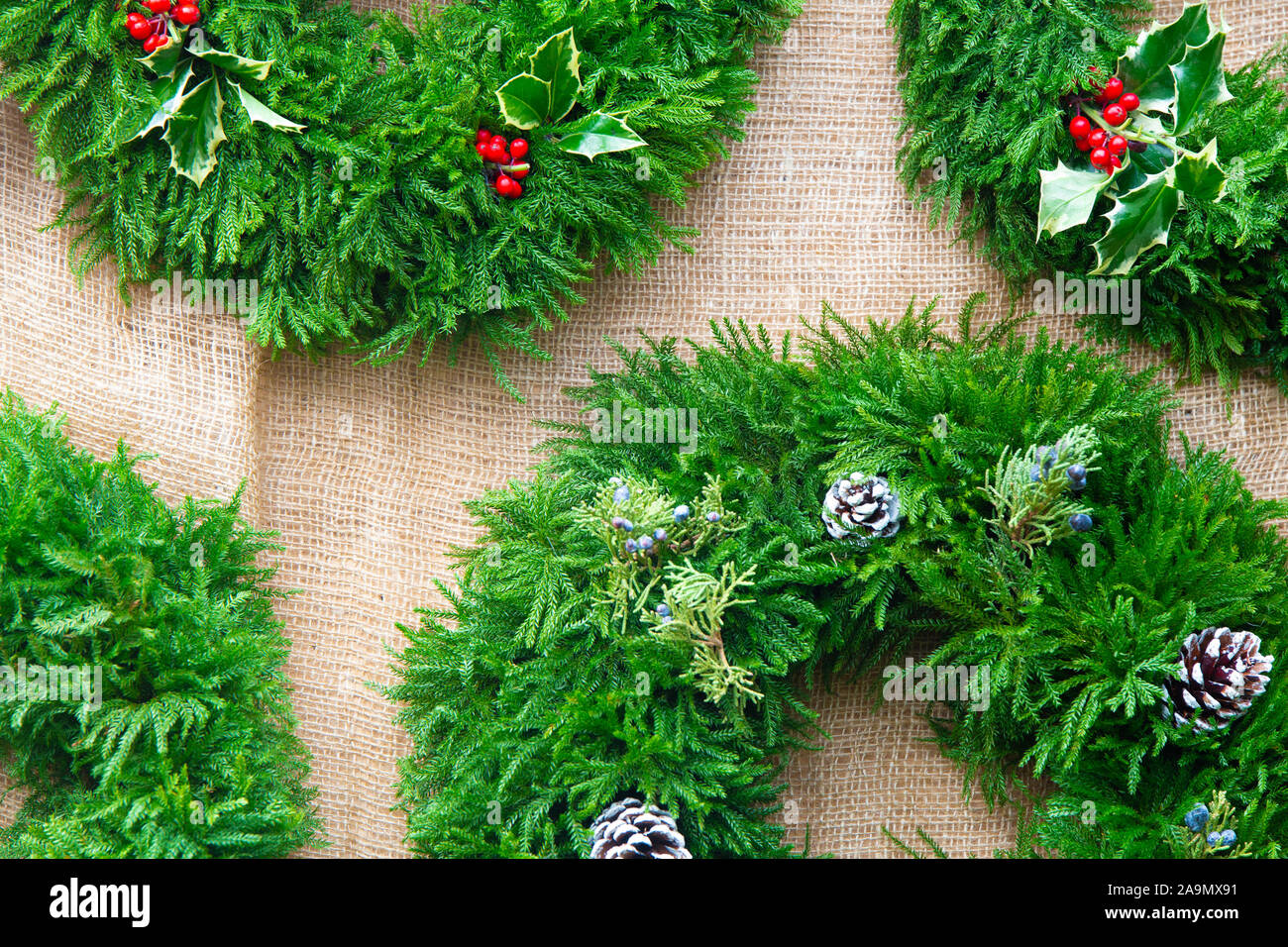 Festliche Weihnachten Kranz aufhängen auf der Anzeige Stockfoto