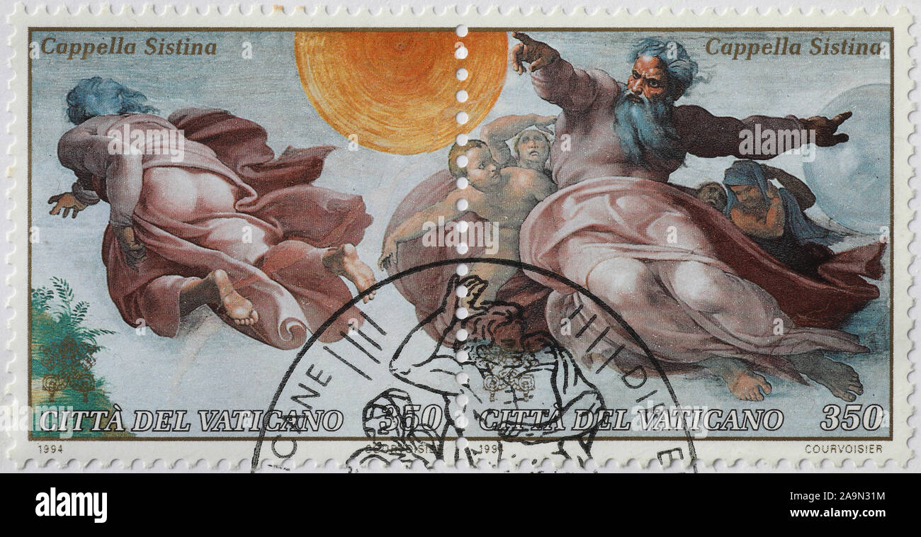 Erstellung der Mann von Michelangelo auf Briefmarke Stockfoto