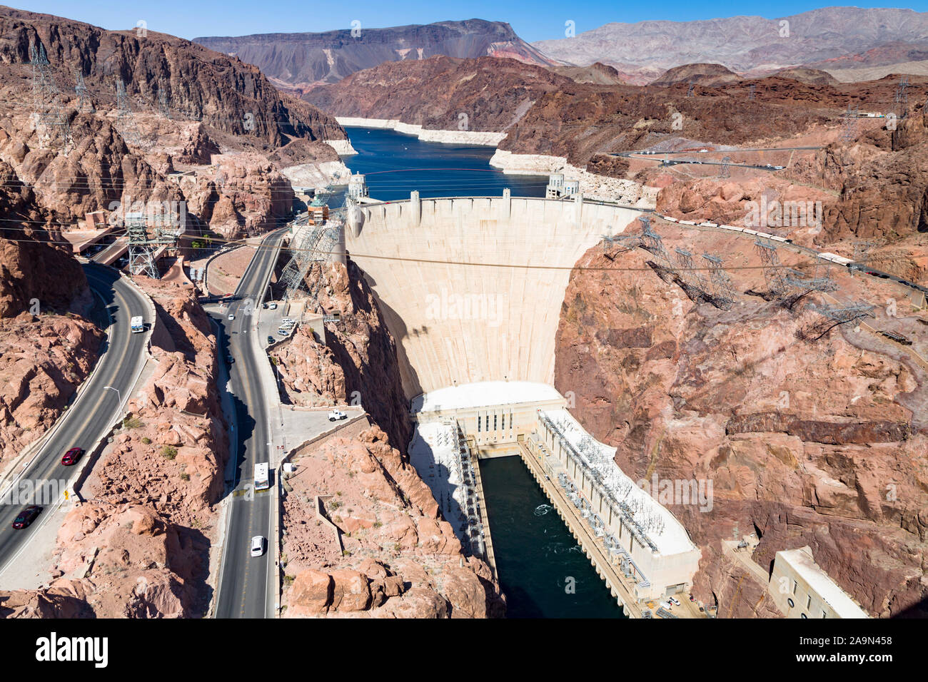 NEVADA, USA - 21. Mai 2012. Luftbild des Hoover Dam und Infrastruktur in Nevada, USA. Der Damm ist in der Lage, über 2000 Megawatt Elektr Stockfoto