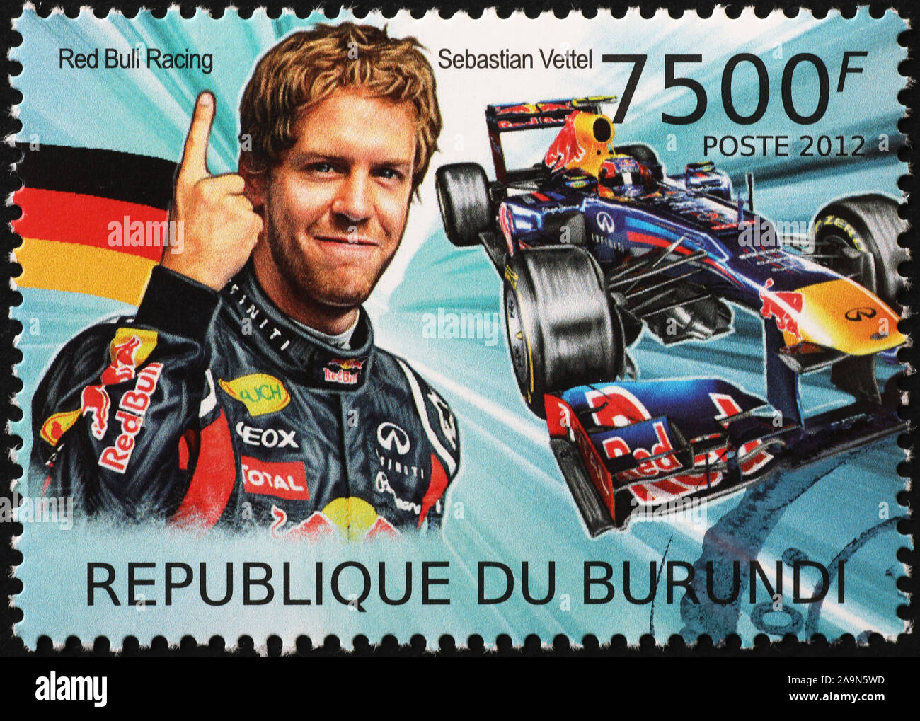 Rennfahrer Juan Sebastian Vettel auf Briefmarke Stockfoto