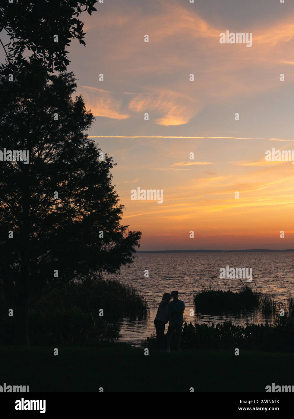 Ein paar Uhren die Silhouette Sonnenuntergang über See Apopka in Florida Stockfoto
