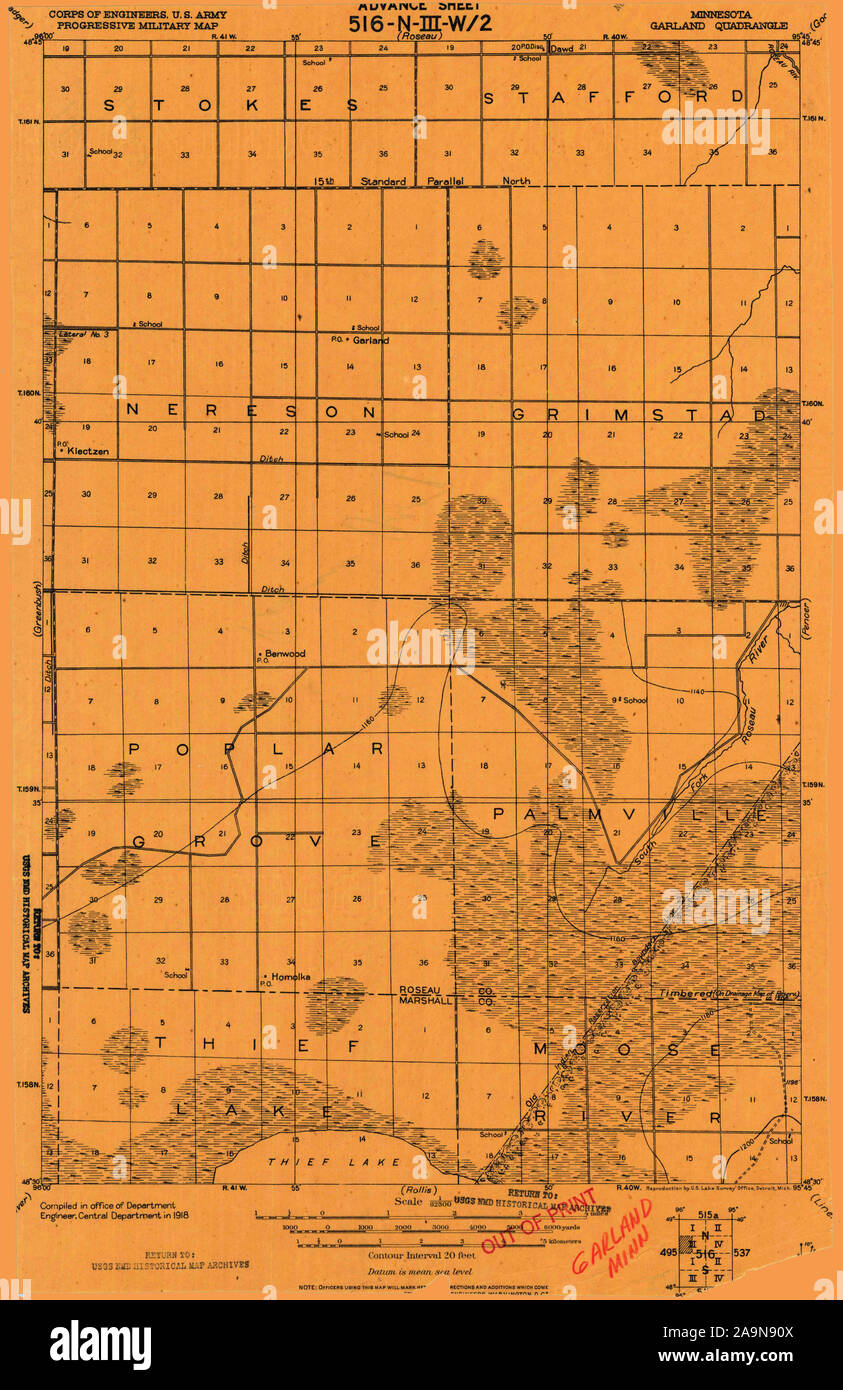 USGS TOPO Karte MInnesota MN Garland 805482 1918 62.500 Wiederherstellung Stockfoto