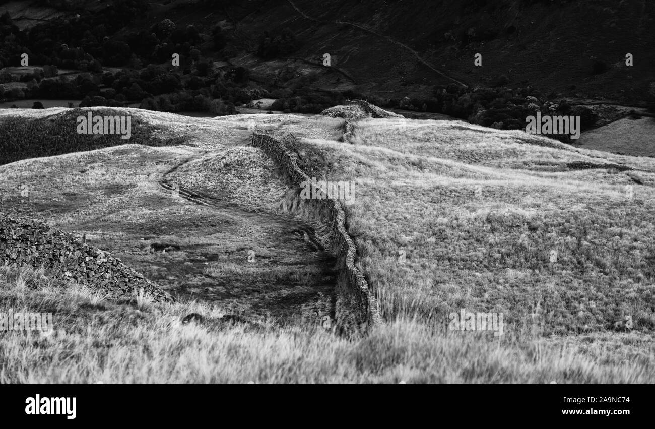 Synthetische Cumbrian Steinmauer an der Spitze des Berges im Herbst. Nationalpark Lake District in Großbritannien - Monochrom bearbeiten Stockfoto