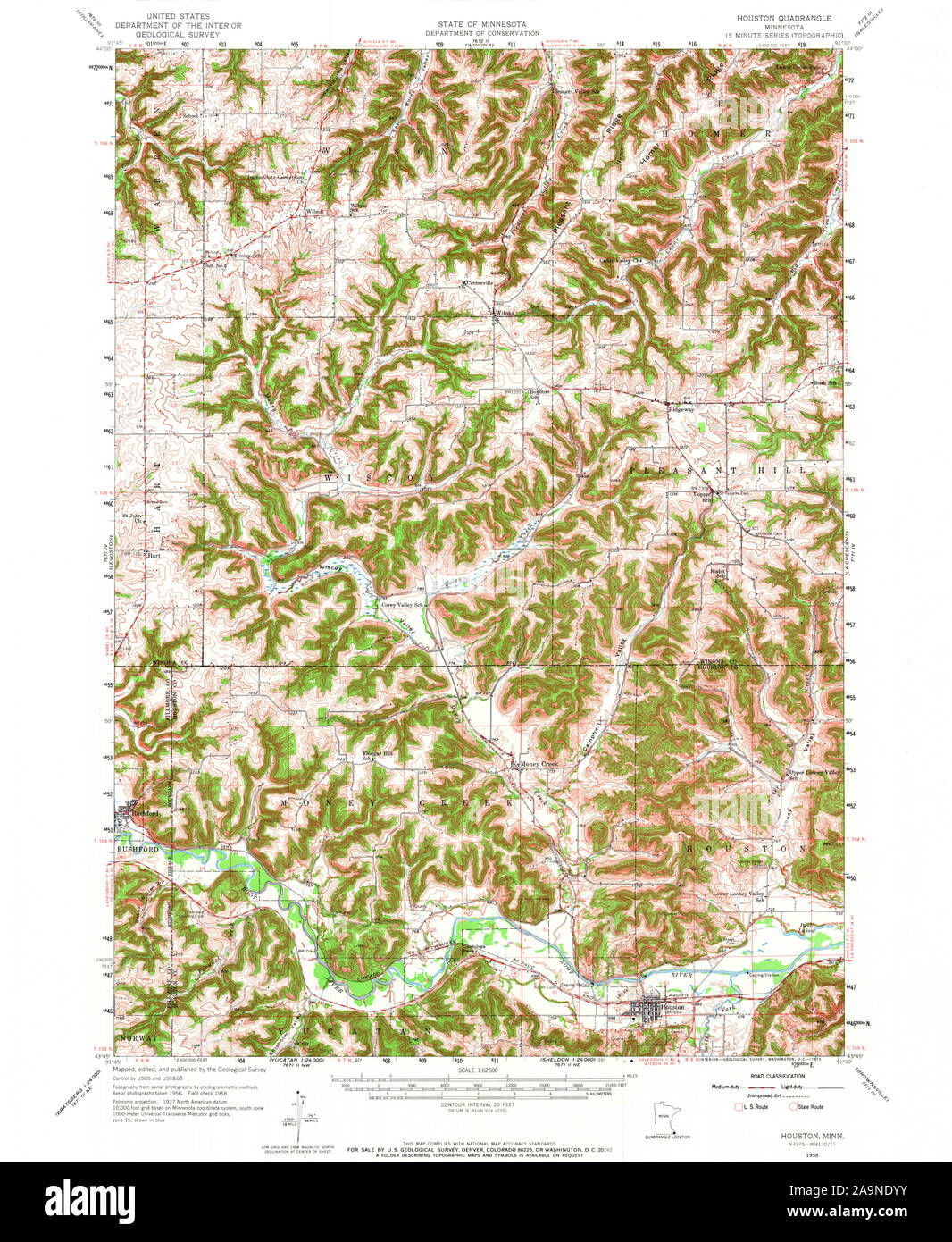 USGS TOPO Karte MInnesota MN Houston 804700 1958 62.500 Wiederherstellung Stockfoto