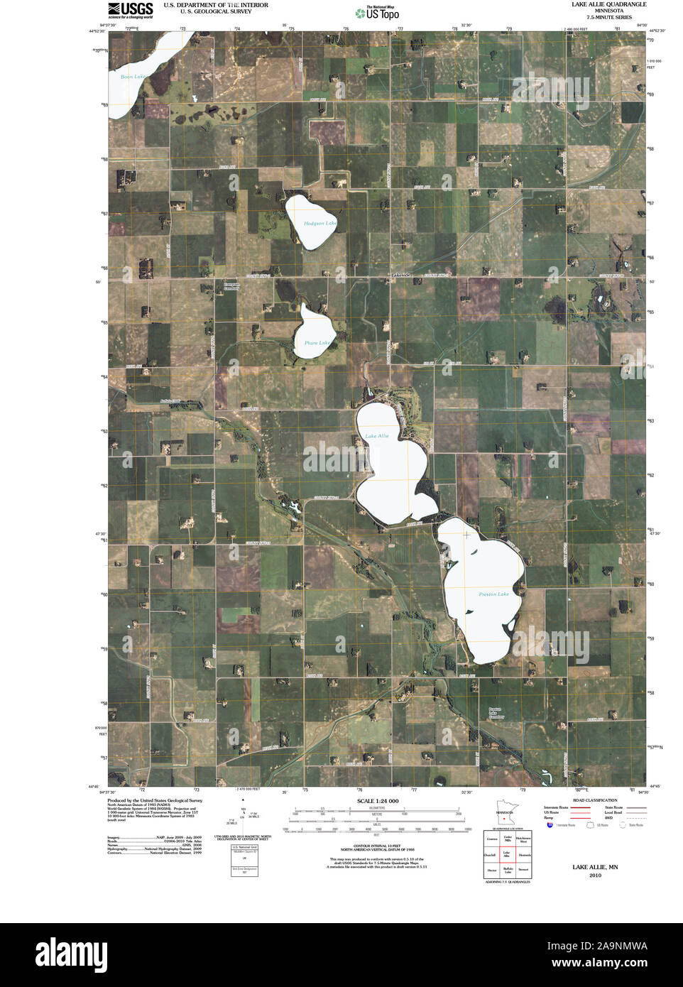 USGS TOPO Karte MInnesota MN See Allie 20100806 TM Wiederherstellung Stockfoto