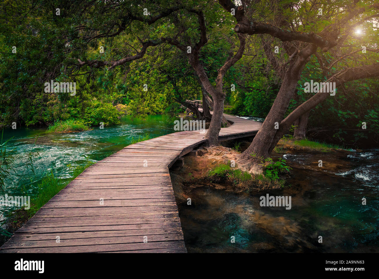 Bewundernswert touristischen Holzbrücke über den frischen grünen tiefen Wald. Hölzerne Promenade mit sauberen Bach und schönen Wasserfällen, Krka Nationalpark, Sibe Stockfoto