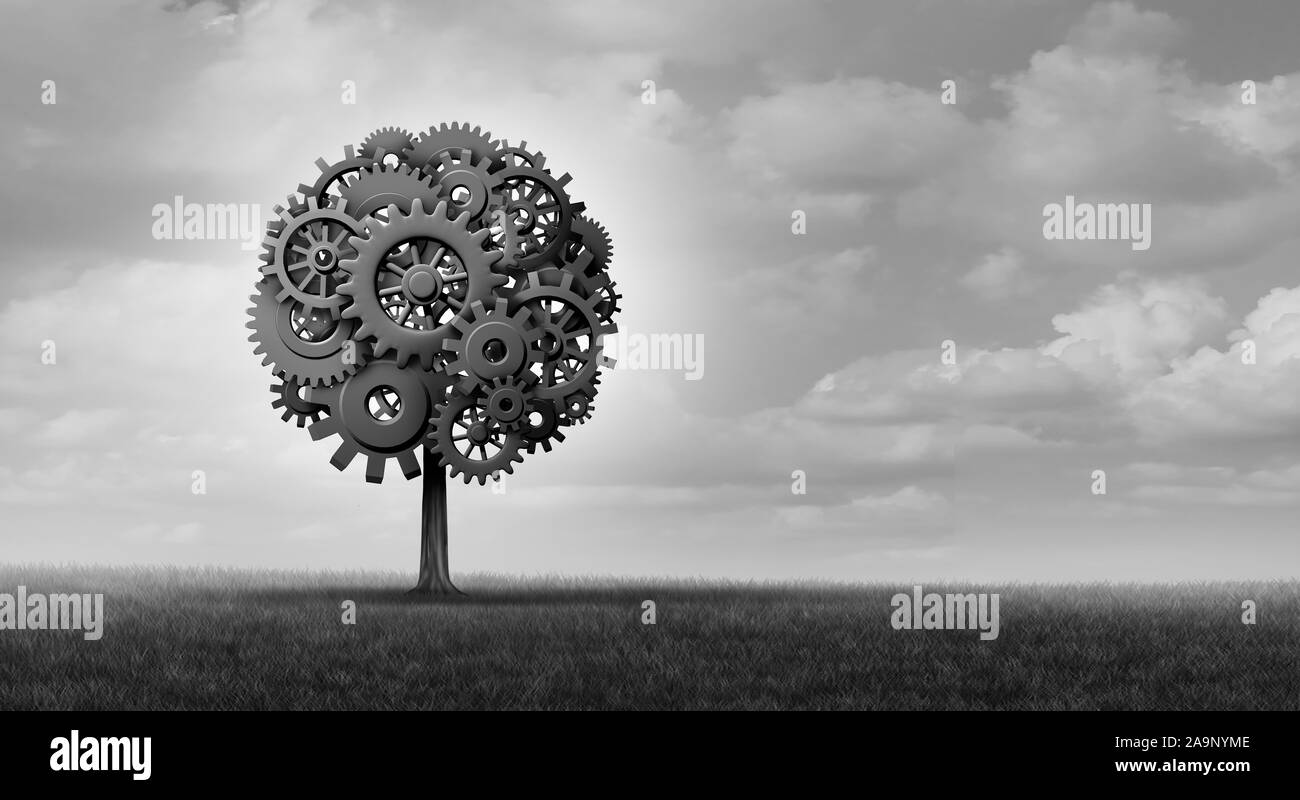 Industrie Baum und geschäftlichen Erfolg Anlage mit Getriebe und Zahnräder mit 3D-Illustration Elementen. Stockfoto