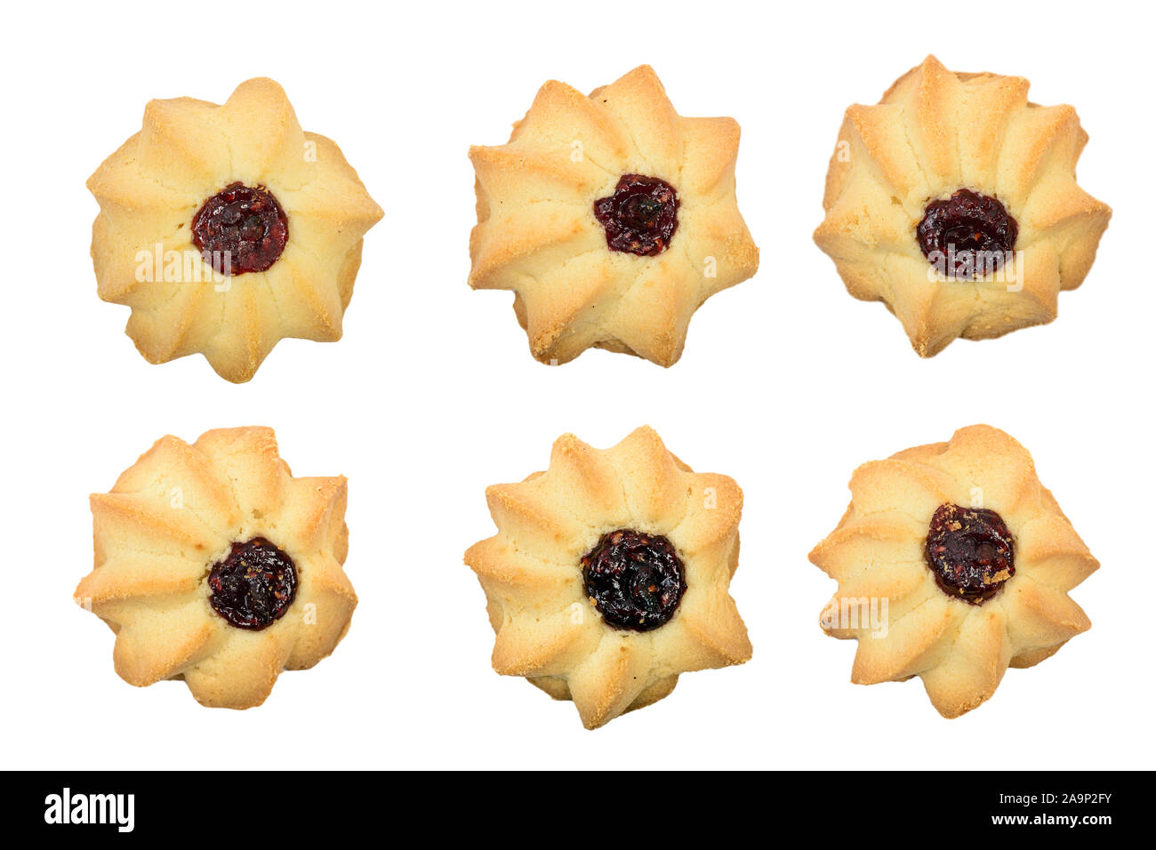 Satz von verschiedenen Form hausgemachte Kekse mit Marmelade auf weißem Hintergrund Stockfoto