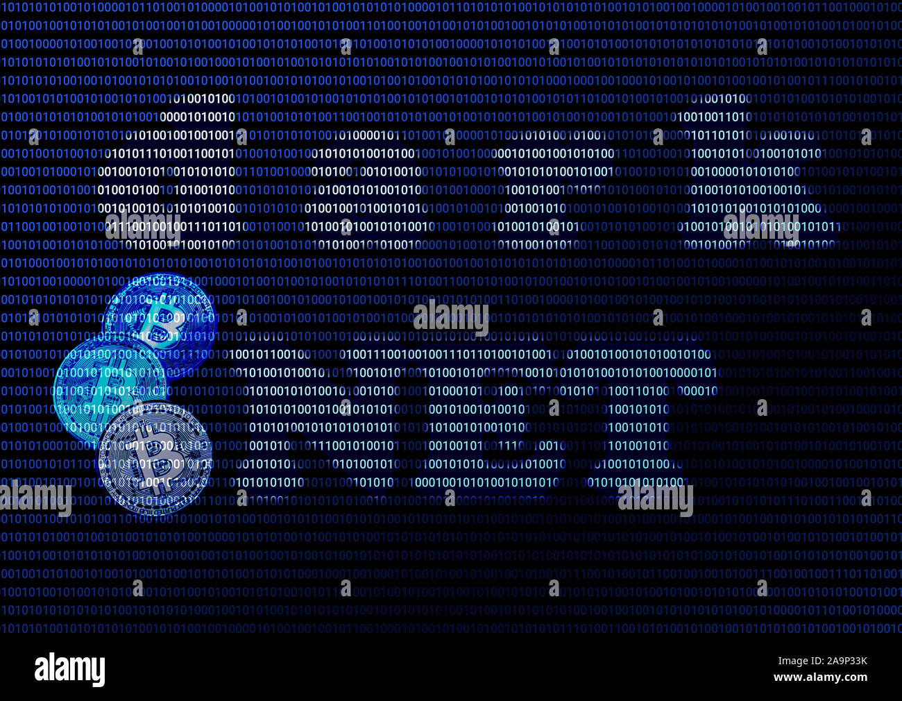 Bitcoin und Worte dunkle Net auf Blau binär Hintergrund Stockfoto