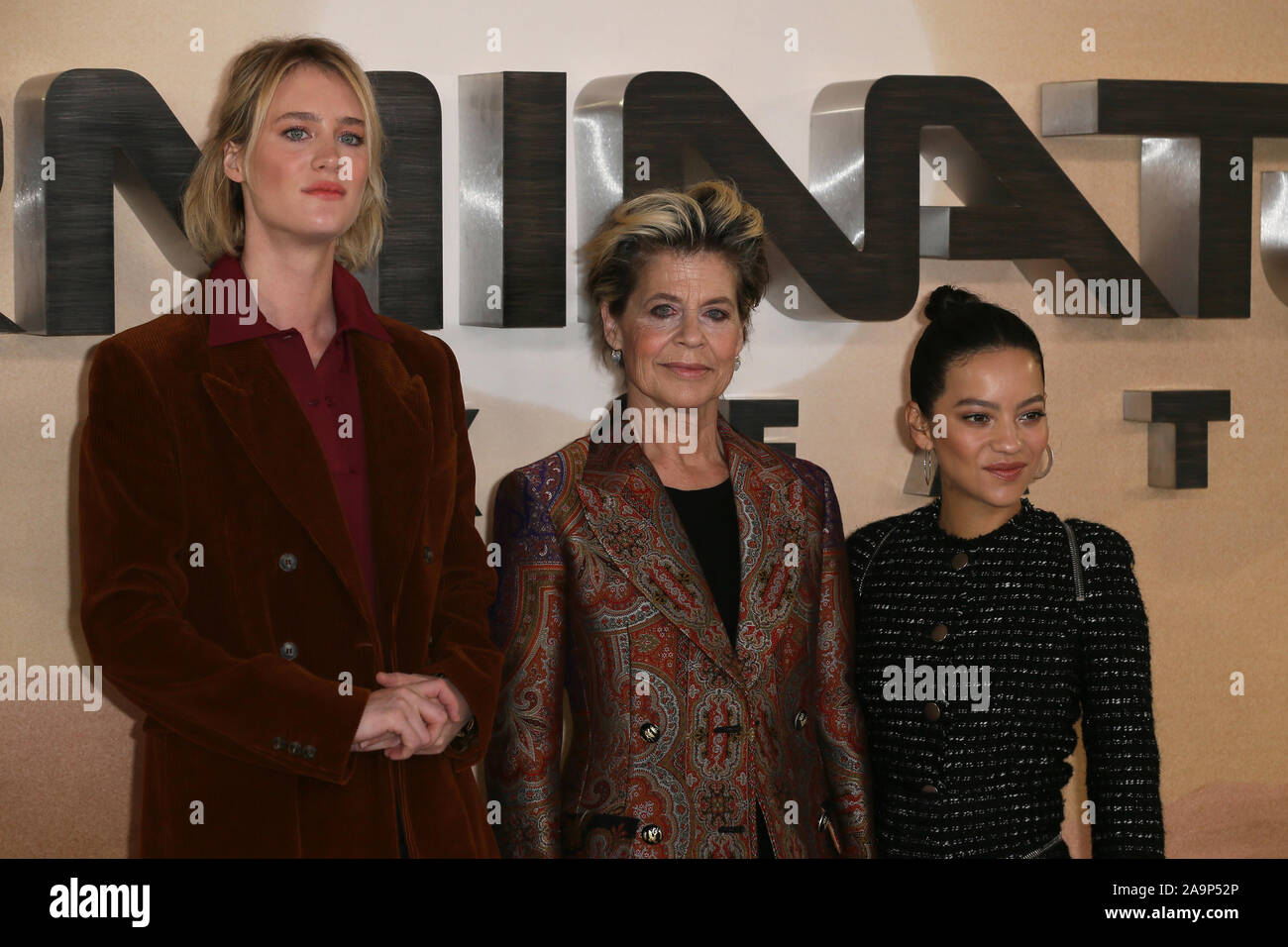 Terminator: dunkles Schicksal Photocall gehalten im Mandarin Oriental Hotel, Knightsbridge bietet: Mackenzie Davis, Linda Hamilton, Natalia Reyes Wo: London, Vereinigtes Königreich, wenn: 17 Okt 2019 Credit: Mario Mitsis/WENN.com Stockfoto