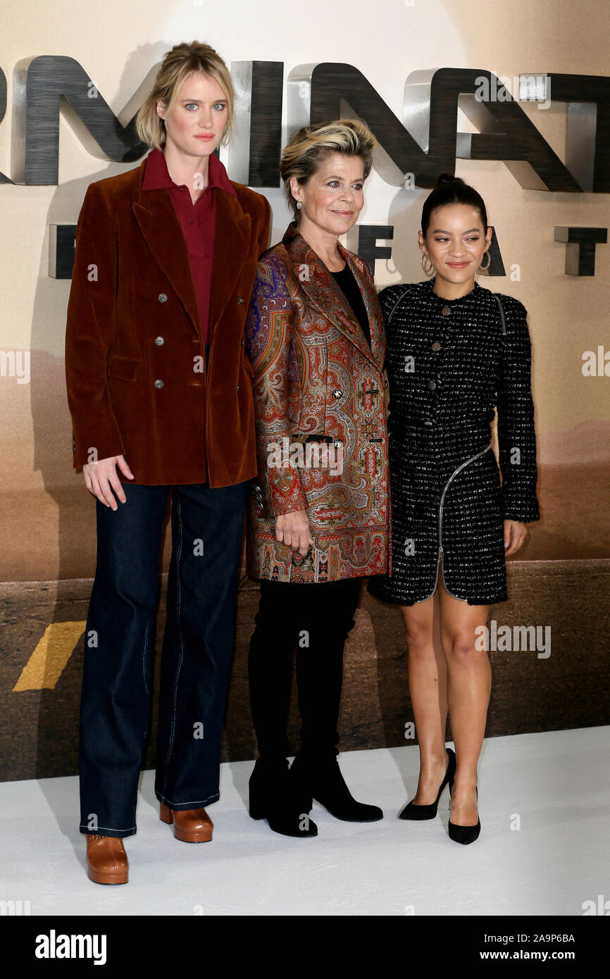 Terminator: dunkles Schicksal Photocall gehalten im Mandarin Oriental Hotel, Knightsbridge bietet: Mackenzie Davis, Linda Hamilton, Natalia Reyes Wo: London, Vereinigtes Königreich, wenn: 17 Okt 2019 Credit: Mario Mitsis/WENN.com Stockfoto