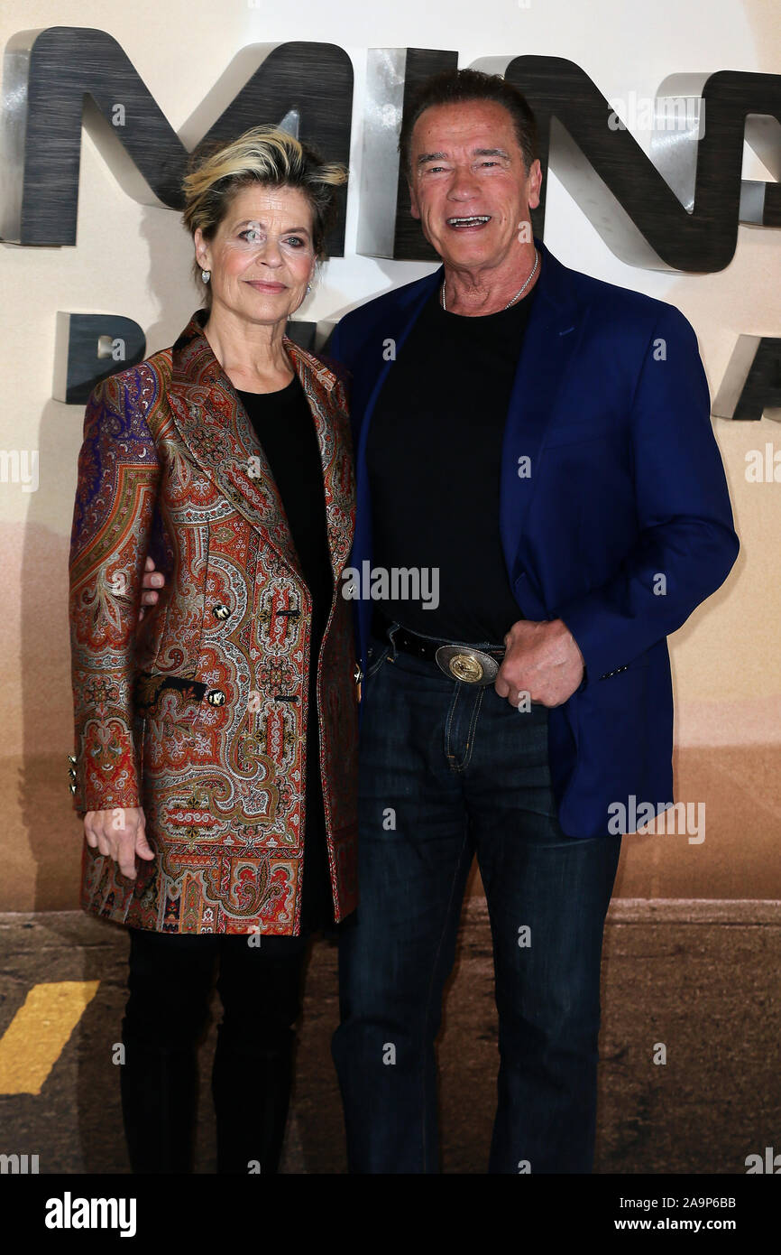 Terminator: dunkles Schicksal Photocall gehalten im Mandarin Oriental Hotel, Knightsbridge mit: Arnold Schwarzenegger, Linda Hamilton, Wo: London, Vereinigtes Königreich, wenn: 17 Okt 2019 Credit: Mario Mitsis/WENN.com Stockfoto