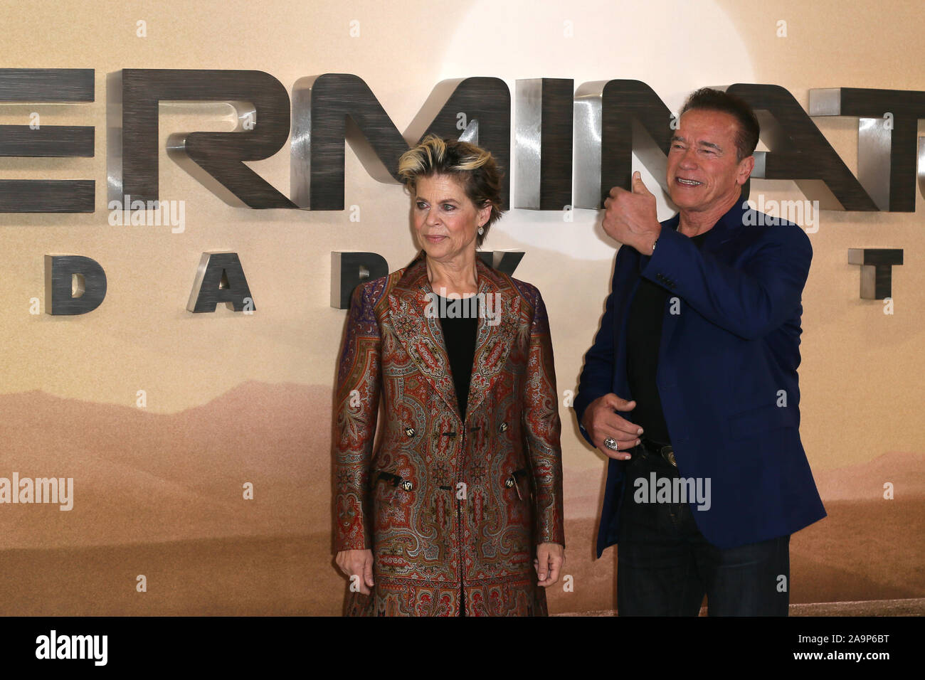 Terminator: dunkles Schicksal Photocall gehalten im Mandarin Oriental Hotel, Knightsbridge mit: Arnold Schwarzenegger, Linda Hamilton, Wo: London, Vereinigtes Königreich, wenn: 17 Okt 2019 Credit: Mario Mitsis/WENN.com Stockfoto
