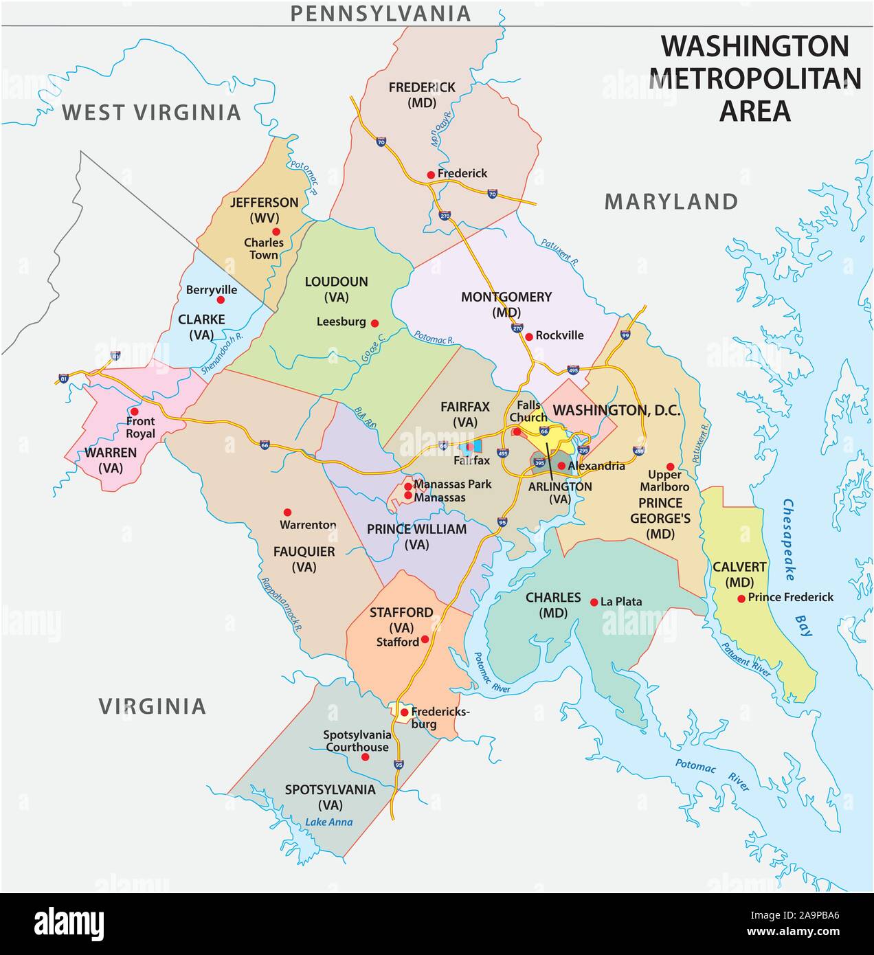 Karte von Washington DC-Ballungsraum ist die Metropolregion Washington DC basiert Stock Vektor
