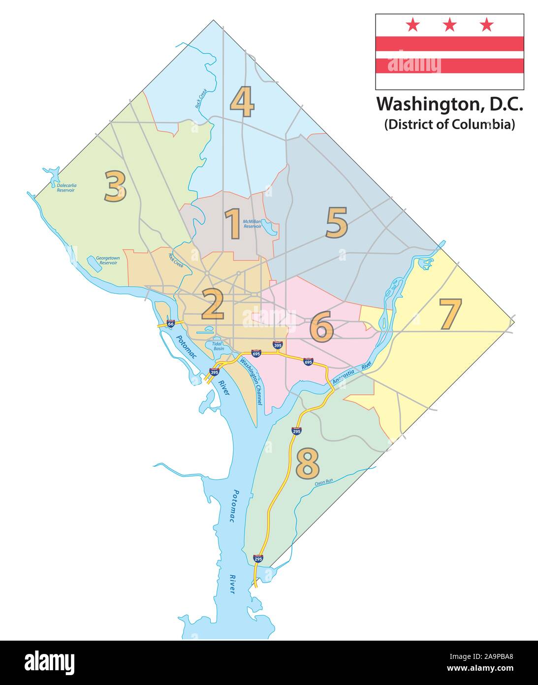 Karte der acht Bezirke von Washington DC mit Fahne Stock Vektor