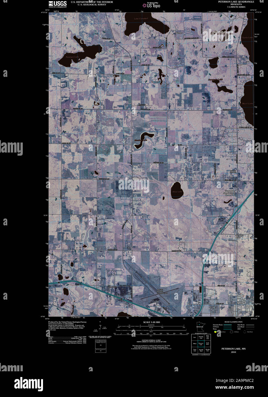 USGS TOPO Karte MInnesota MN Peterson See 20100813 TM invertiert Wiederherstellung Stockfoto