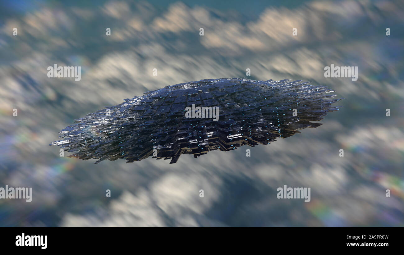 UFO, science fiction Szene mit außerirdischen Raumschiff, außerirdische Besucher über den Wolken Stockfoto