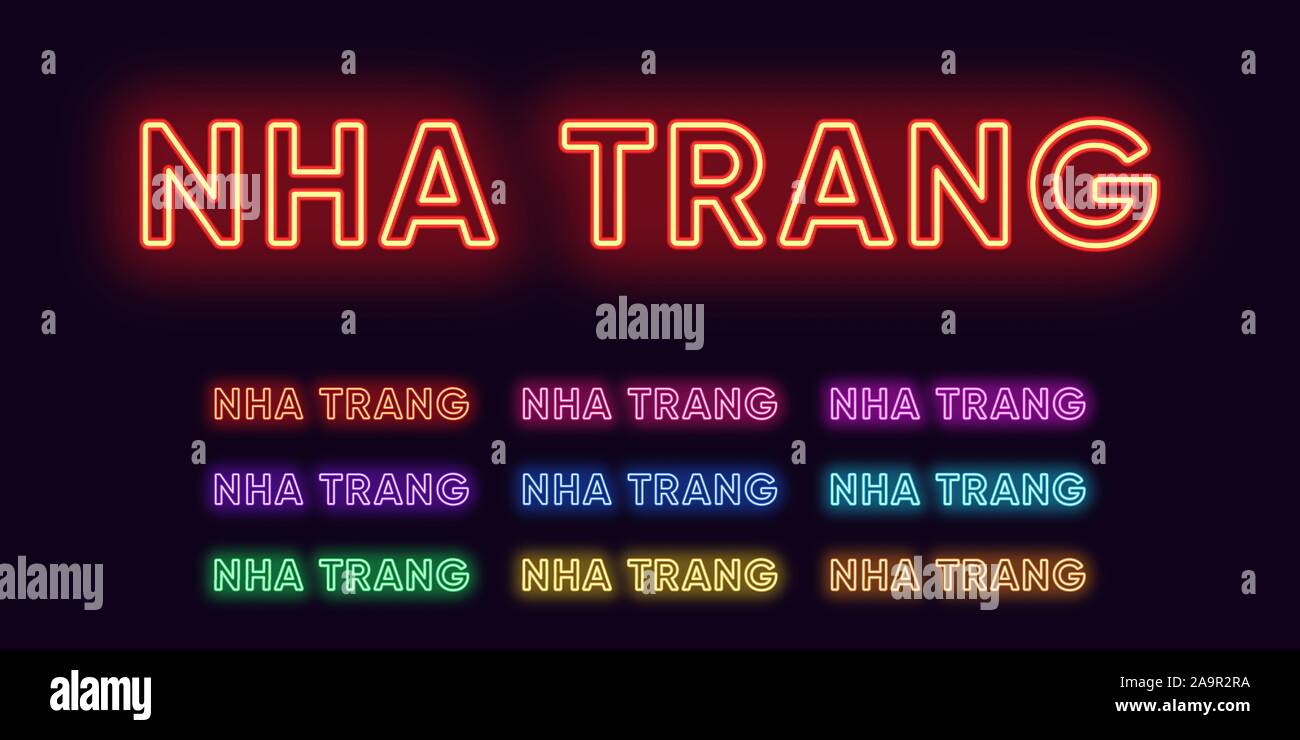 Neon Nha Trang Name, Stadt in Vietnam. Neon text der Stadt Nha Trang. Vektor einrichten von glühenden Schlagzeilen mit transparenten Hintergrundbeleuchtung. Rot Rosa lila, violett Stock Vektor